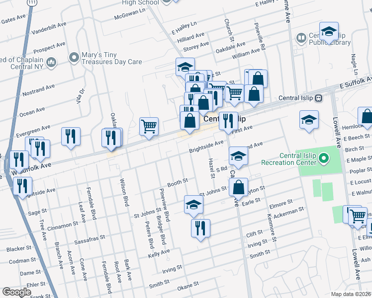 map of restaurants, bars, coffee shops, grocery stores, and more near 14 Cordello Avenue in Central Islip