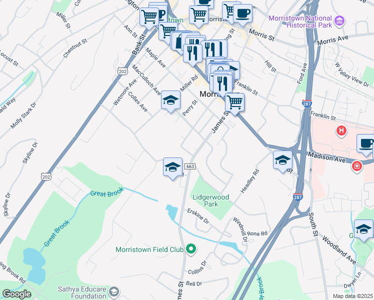 map of restaurants, bars, coffee shops, grocery stores, and more near 65 James Street in Morristown