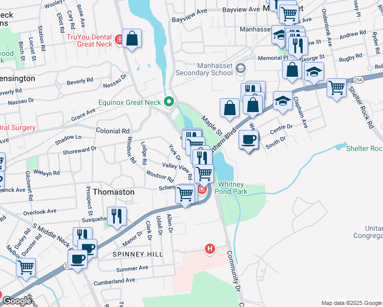 map of restaurants, bars, coffee shops, grocery stores, and more near 83 East Shore Road in Manhasset