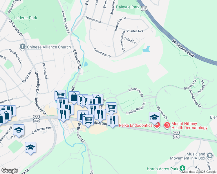 map of restaurants, bars, coffee shops, grocery stores, and more near 205 Village Heights Drive in State College