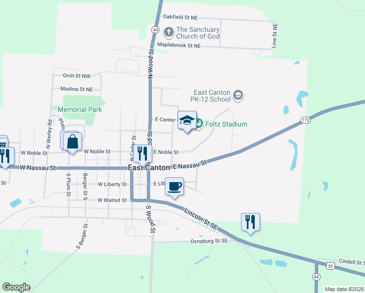map of restaurants, bars, coffee shops, grocery stores, and more near 310 Browning Street in East Canton
