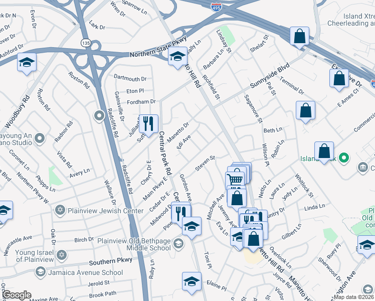 map of restaurants, bars, coffee shops, grocery stores, and more near 38 Main Parkway in Plainview