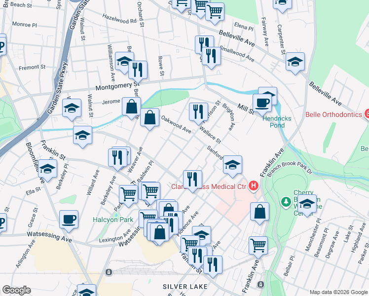 map of restaurants, bars, coffee shops, grocery stores, and more near 61 Watsessing Avenue in Belleville