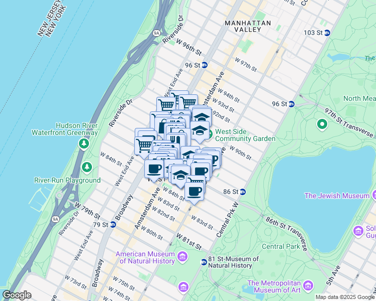 map of restaurants, bars, coffee shops, grocery stores, and more near 166 West 88th Street in New York