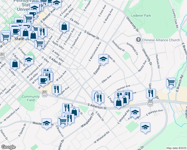map of restaurants, bars, coffee shops, grocery stores, and more near 234 Easterly Parkway in State College