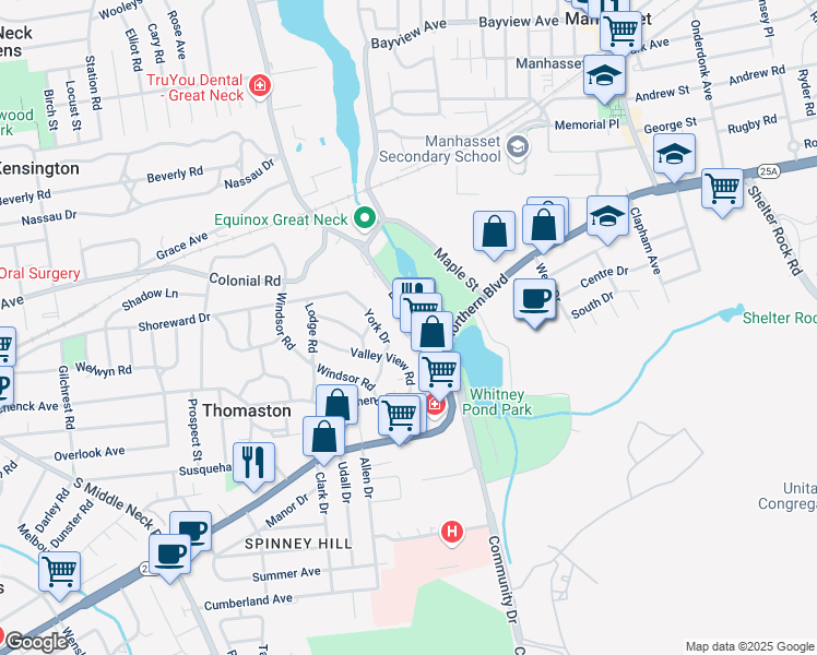 map of restaurants, bars, coffee shops, grocery stores, and more near 21 Shore Drive in Manhasset