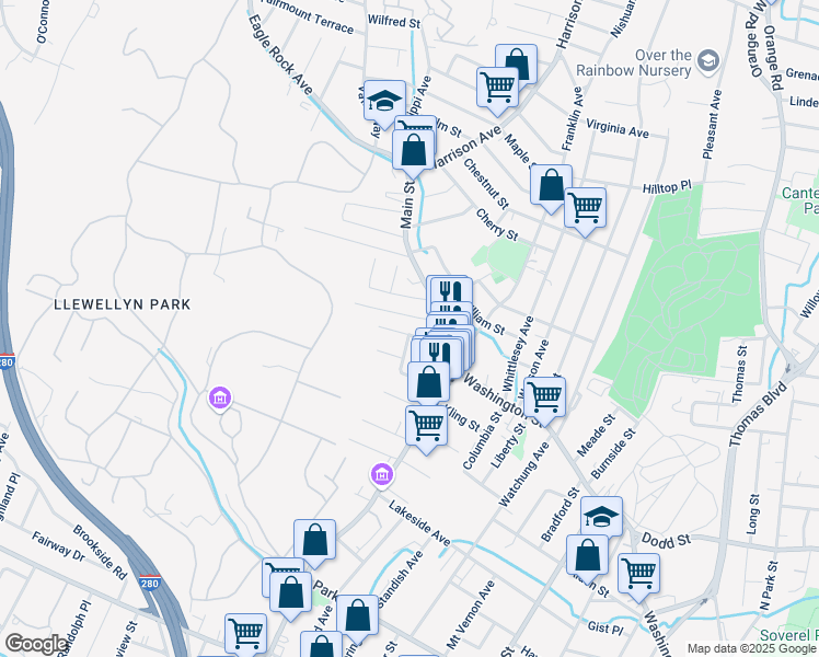map of restaurants, bars, coffee shops, grocery stores, and more near 3 Glennon Place in West Orange