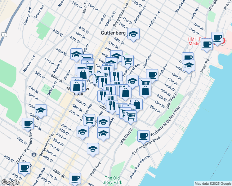 map of restaurants, bars, coffee shops, grocery stores, and more near 6032 Hudson Avenue in West New York