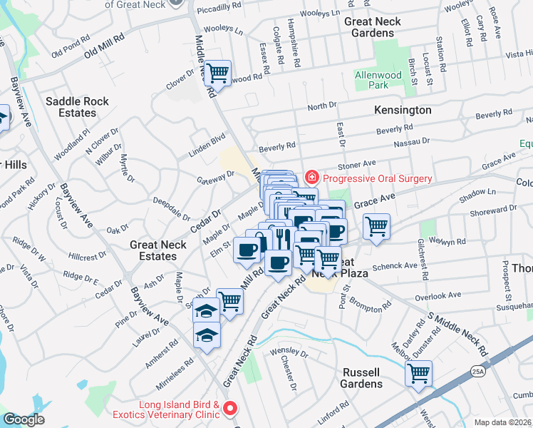 map of restaurants, bars, coffee shops, grocery stores, and more near 24 Elm Street in Great Neck