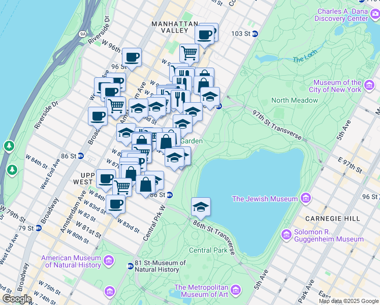 map of restaurants, bars, coffee shops, grocery stores, and more near 315 Central Park West in New York