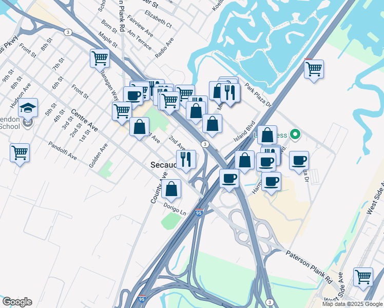map of restaurants, bars, coffee shops, grocery stores, and more near 41 Green Valley Court in Secaucus