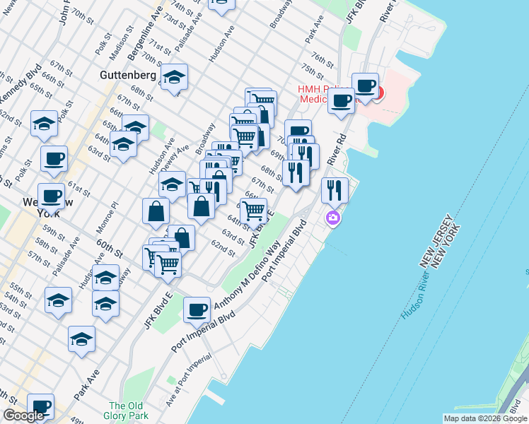 map of restaurants, bars, coffee shops, grocery stores, and more near 6400 River Road in West New York
