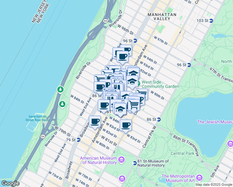 map of restaurants, bars, coffee shops, grocery stores, and more near 564 Amsterdam Avenue in New York