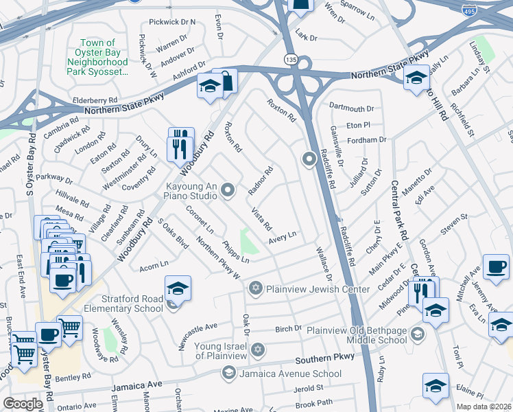 map of restaurants, bars, coffee shops, grocery stores, and more near 13 Vista Road in Plainview