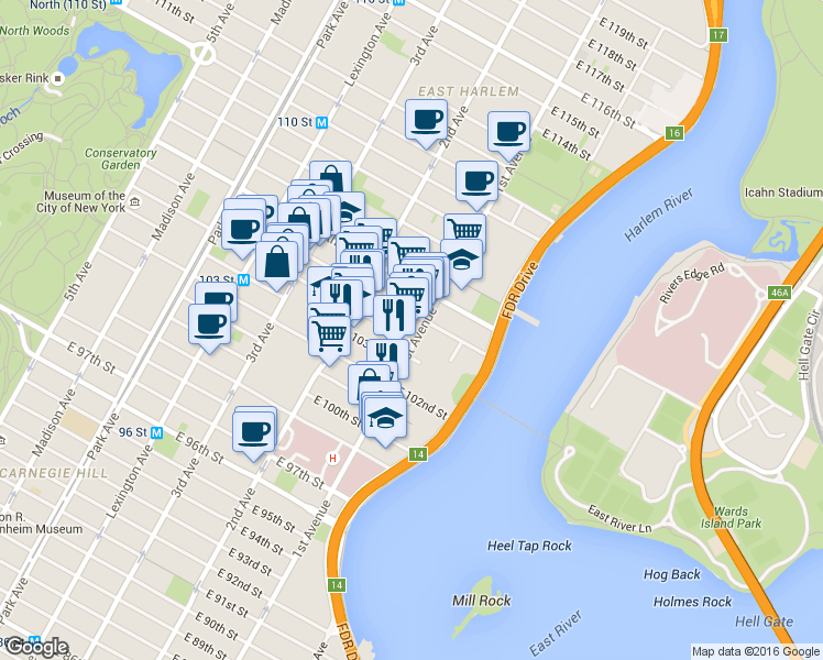 map of restaurants, bars, coffee shops, grocery stores, and more near 400 East 105th Street in New York