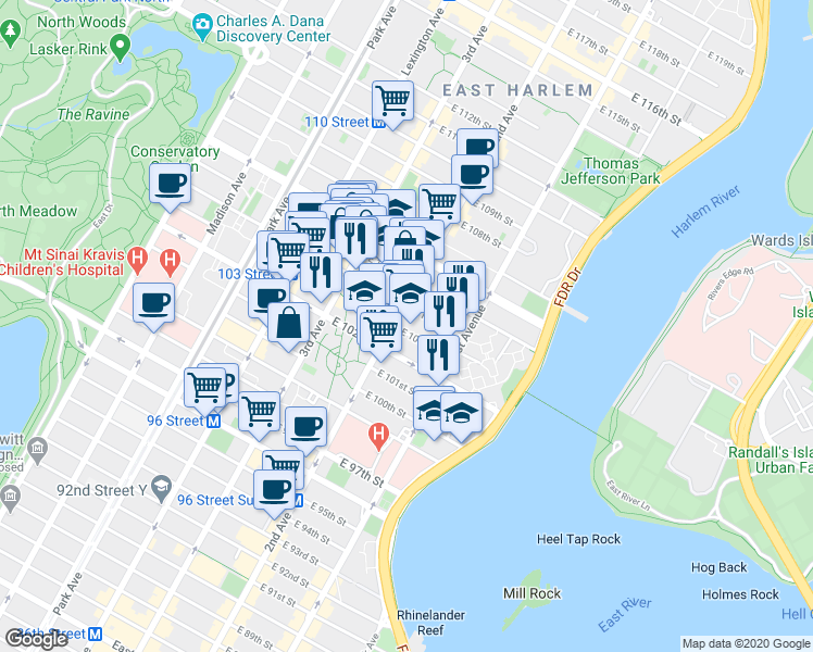 map of restaurants, bars, coffee shops, grocery stores, and more near in New York