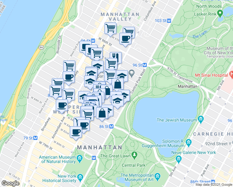 map of restaurants, bars, coffee shops, grocery stores, and more near 47 West 89th Street in New York