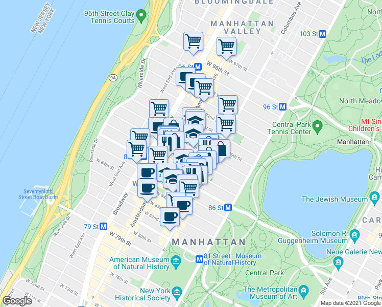 map of restaurants, bars, coffee shops, grocery stores, and more near 136w West 88th Street in New York