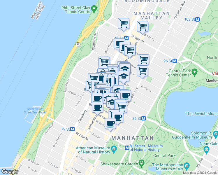 map of restaurants, bars, coffee shops, grocery stores, and more near 560 Amsterdam Avenue in New York