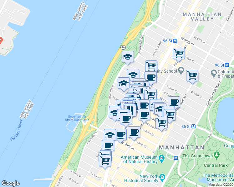 map of restaurants, bars, coffee shops, grocery stores, and more near 330 Edgar Allen Poe Street in New York