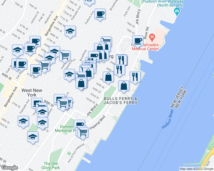 map of restaurants, bars, coffee shops, grocery stores, and more near 6400 River Road in West New York