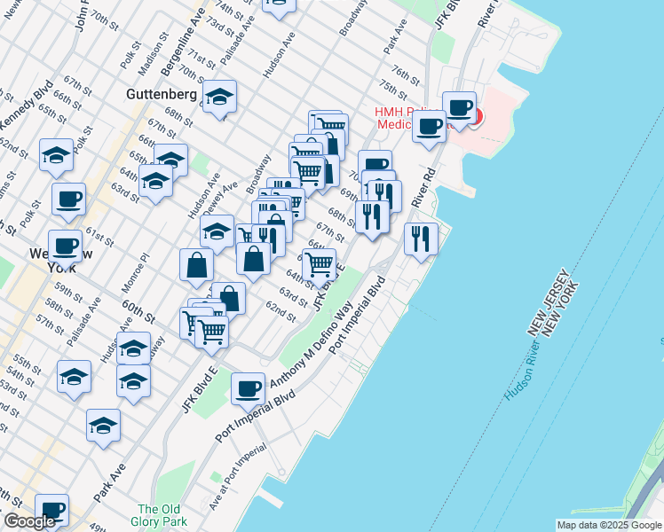 map of restaurants, bars, coffee shops, grocery stores, and more near 6400 River Road in West New York