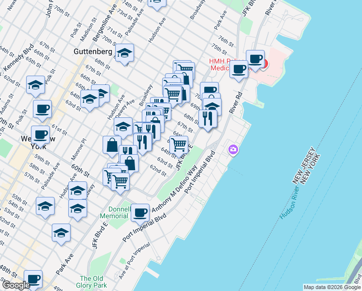 map of restaurants, bars, coffee shops, grocery stores, and more near 6401 JFK Boulevard East in West New York