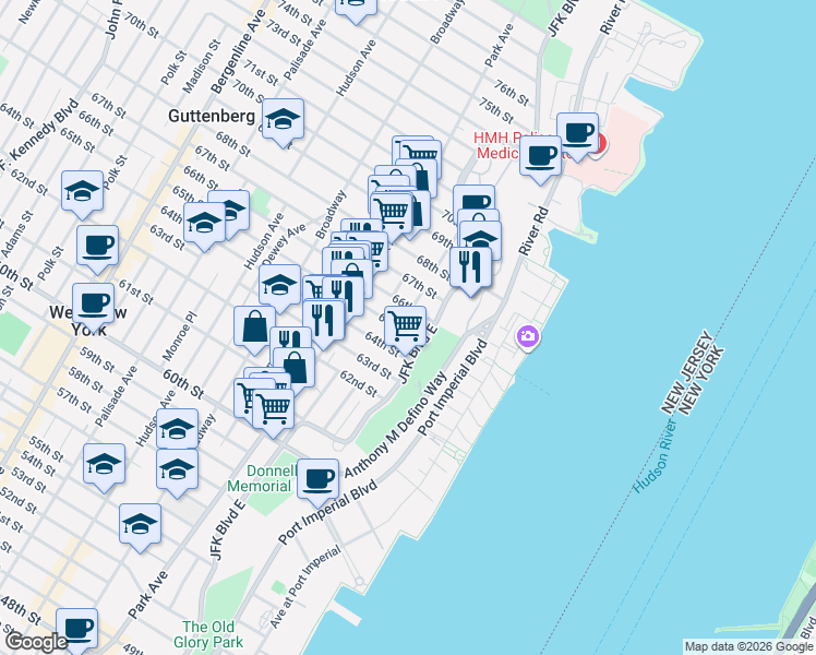 map of restaurants, bars, coffee shops, grocery stores, and more near 6401 JFK Boulevard East in West New York