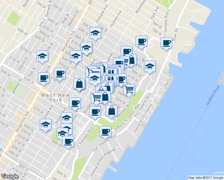 map of restaurants, bars, coffee shops, grocery stores, and more near 44 63rd Street in West New York