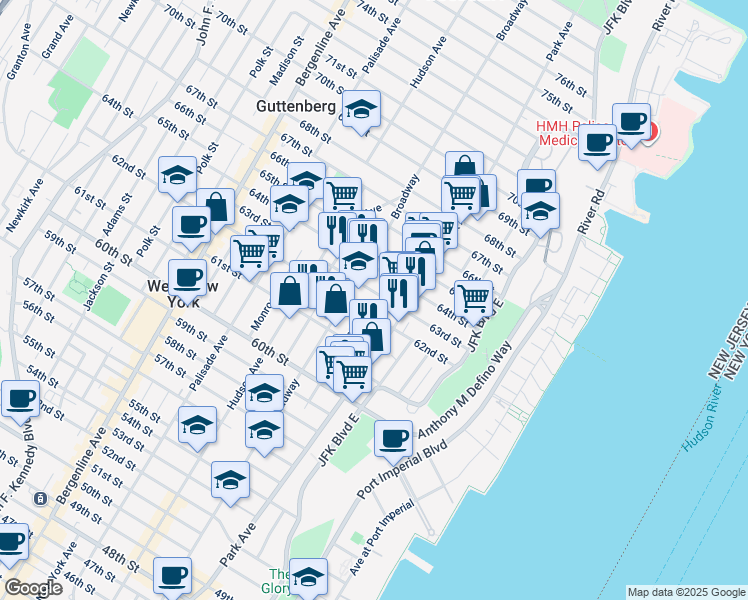 map of restaurants, bars, coffee shops, grocery stores, and more near 6120 Buchanan Place in West New York