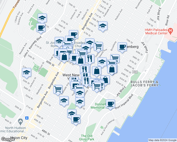 map of restaurants, bars, coffee shops, grocery stores, and more near 6032 Hudson Avenue in West New York