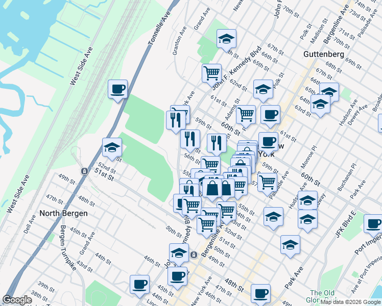 map of restaurants, bars, coffee shops, grocery stores, and more near 605 56th Street in West New York