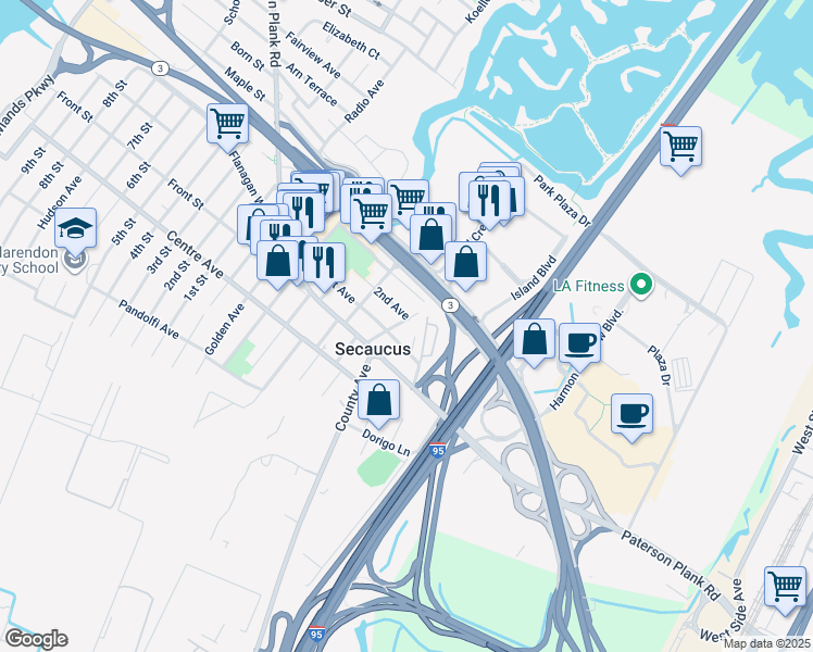 map of restaurants, bars, coffee shops, grocery stores, and more near 1175 Cedar Lane in Secaucus