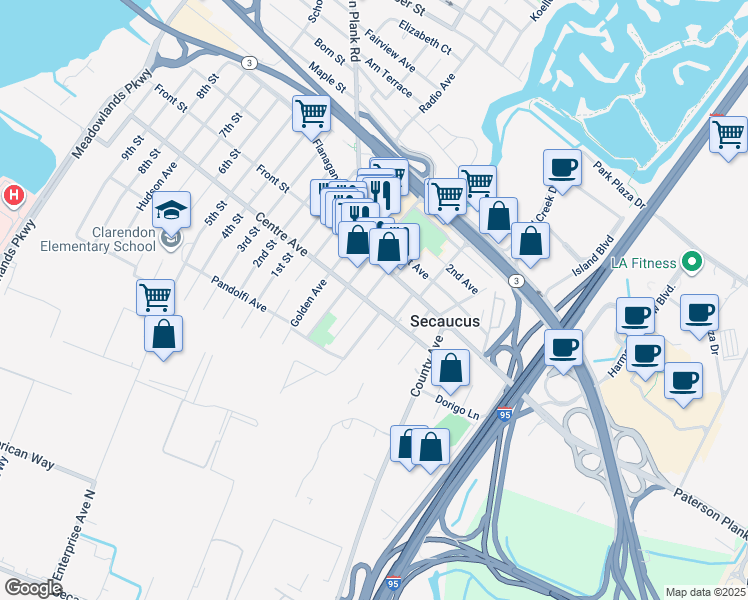 map of restaurants, bars, coffee shops, grocery stores, and more near 729 Chestnut Street in Secaucus