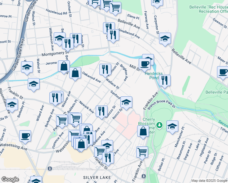 map of restaurants, bars, coffee shops, grocery stores, and more near 60 Brighton Avenue in Belleville