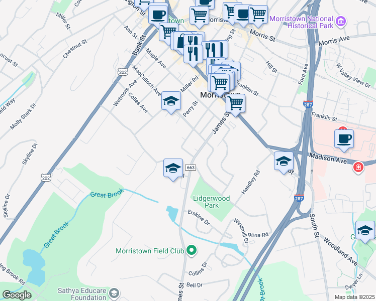 map of restaurants, bars, coffee shops, grocery stores, and more near 65 James Street in Morristown