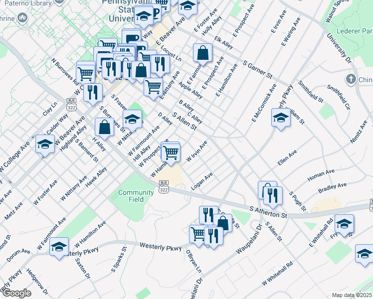 map of restaurants, bars, coffee shops, grocery stores, and more near 218 West Irvin Avenue in State College