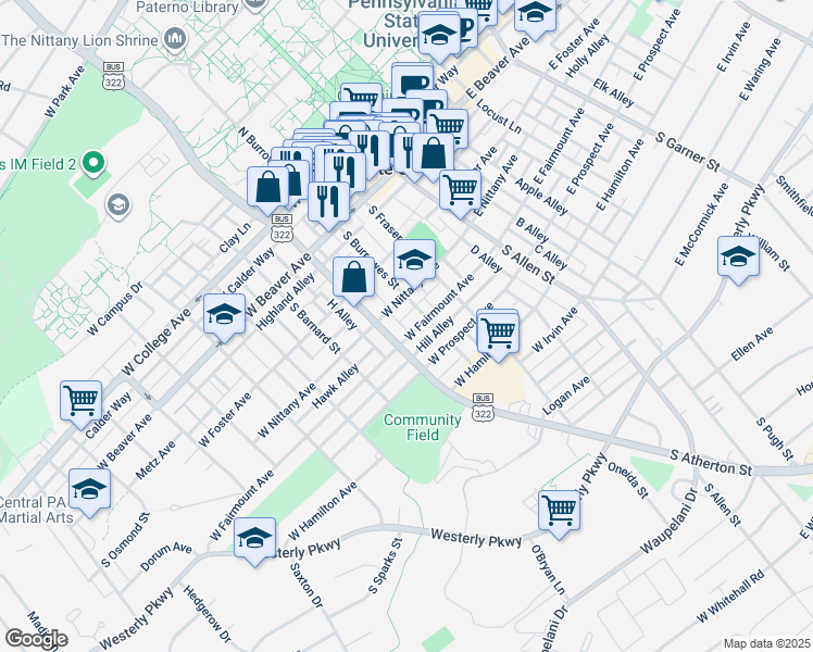 map of restaurants, bars, coffee shops, grocery stores, and more near 426 South Atherton Street in State College