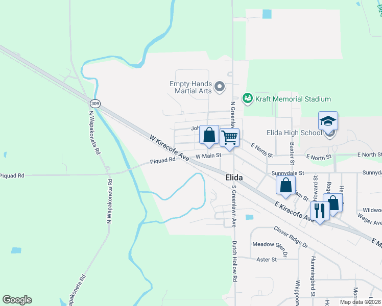map of restaurants, bars, coffee shops, grocery stores, and more near 207 West Main Street in Elida