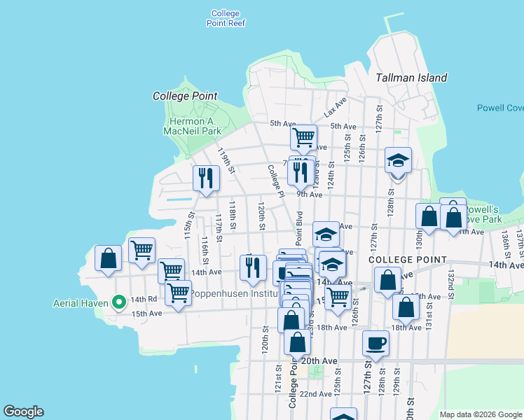 map of restaurants, bars, coffee shops, grocery stores, and more near 946 120th Street in Queens
