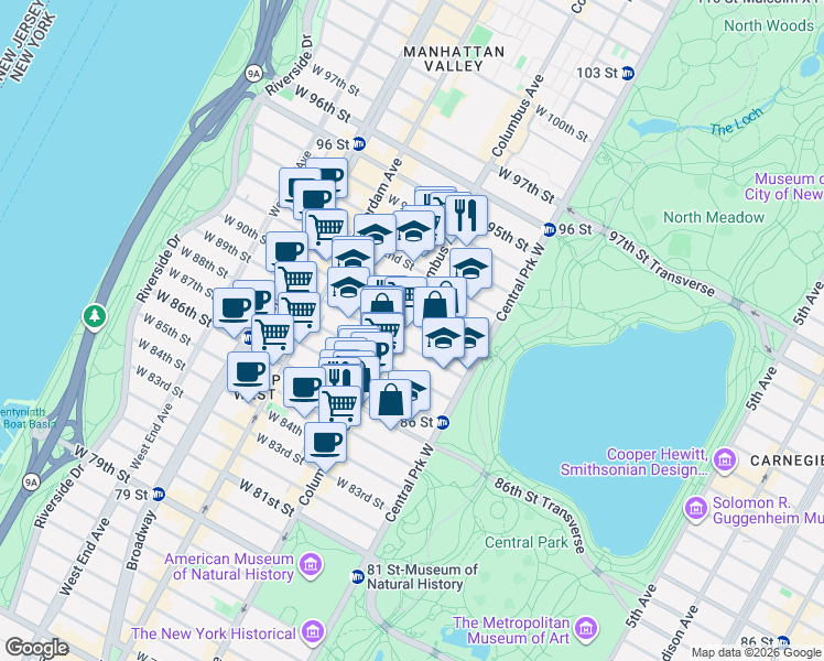 map of restaurants, bars, coffee shops, grocery stores, and more near 47 West 89th Street in New York