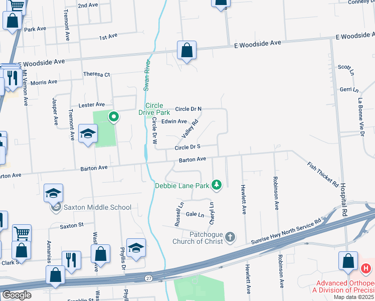 map of restaurants, bars, coffee shops, grocery stores, and more near 326 Barton Avenue in Patchogue