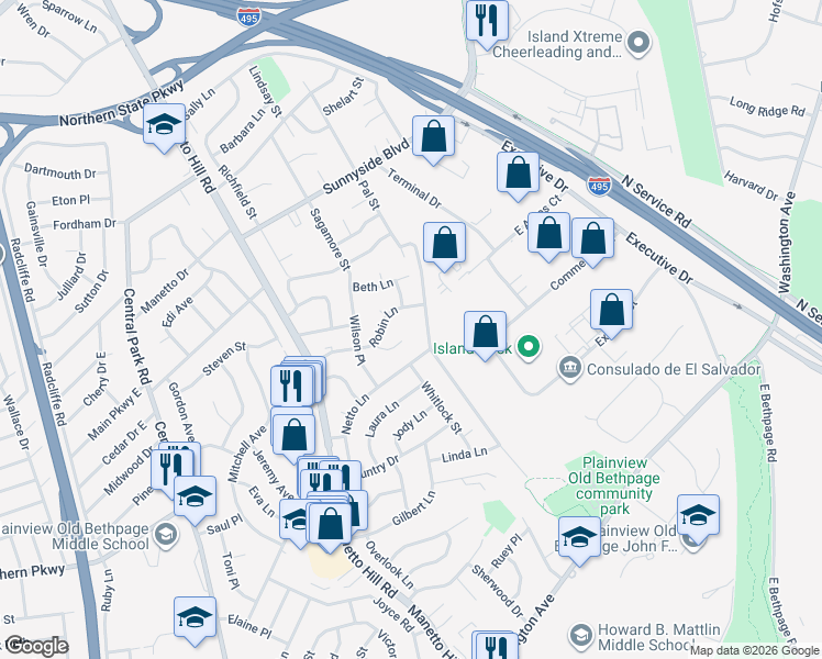map of restaurants, bars, coffee shops, grocery stores, and more near 59 Netto Lane in Plainview
