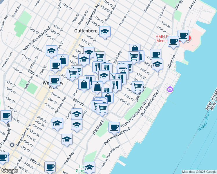 map of restaurants, bars, coffee shops, grocery stores, and more near 6120 Buchanan Place in West New York