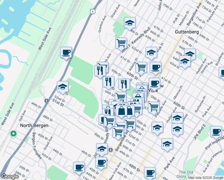 map of restaurants, bars, coffee shops, grocery stores, and more near 605 56th Street in West New York