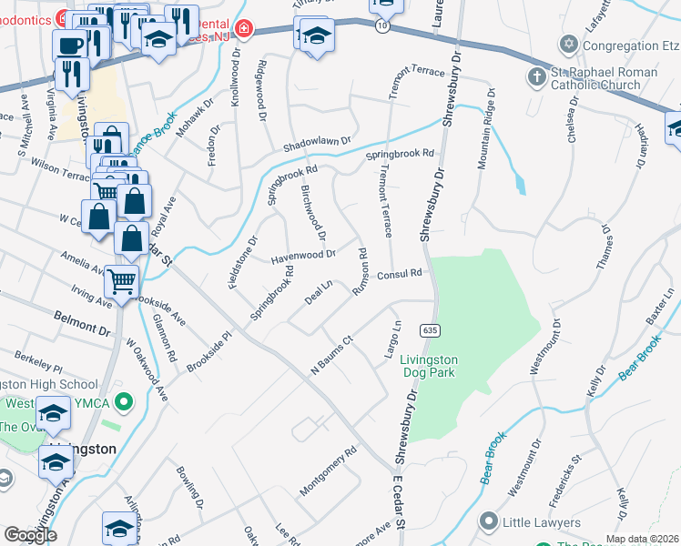map of restaurants, bars, coffee shops, grocery stores, and more near 23 Rumson Road in Livingston
