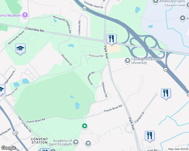 map of restaurants, bars, coffee shops, grocery stores, and more near 7 Delaware Road in Morristown