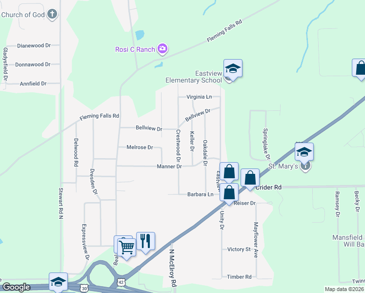 map of restaurants, bars, coffee shops, grocery stores, and more near 1090 Crestwood Drive in Mansfield