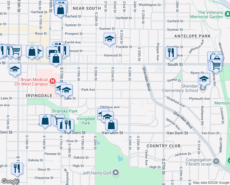 map of restaurants, bars, coffee shops, grocery stores, and more near 2135 Lake Street in Lincoln