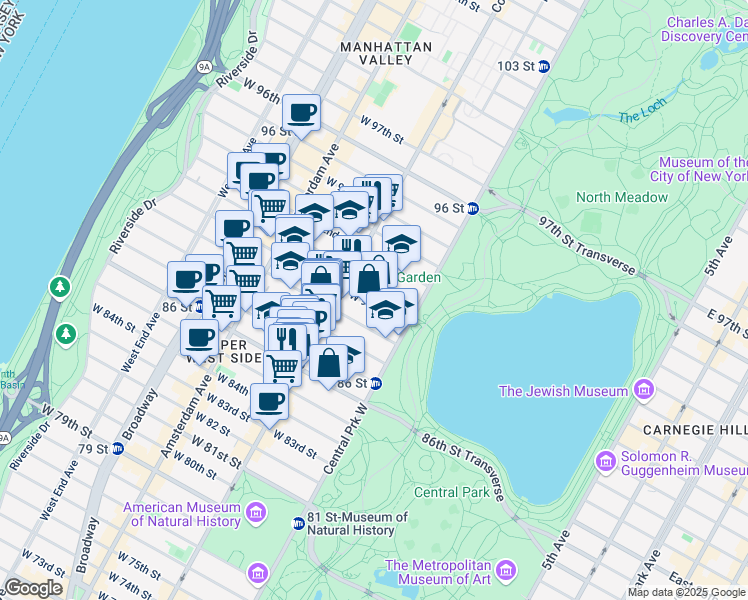 map of restaurants, bars, coffee shops, grocery stores, and more near 47 West 89th Street in New York